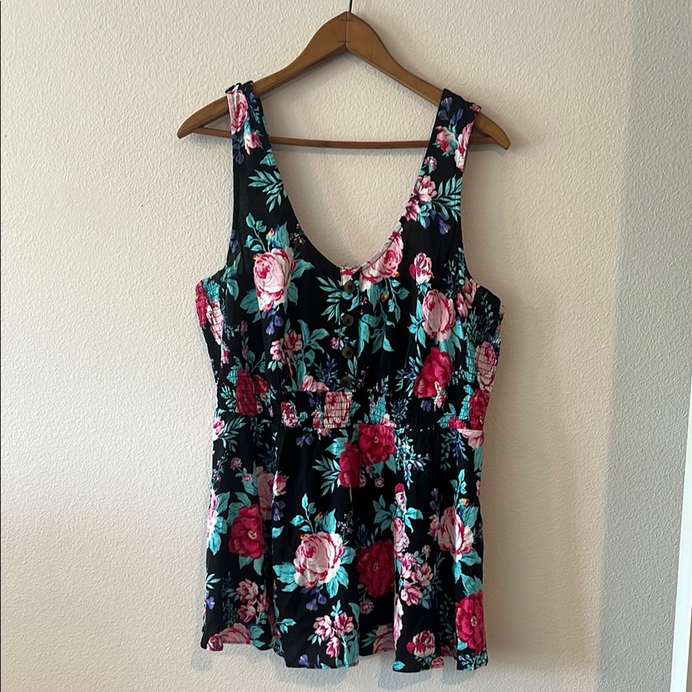 Torrid Black and Pink Floral Smocked Tank Top